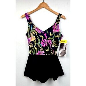 NWT Longitude Women’s Sz 14 Floral Swimsuit Swimdress Black Skirt